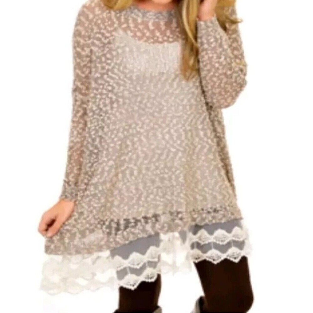 Ryu Cream Black Popcorn Knit‎ Lace Trim Tunic Top RDA3379-F4S2 SM